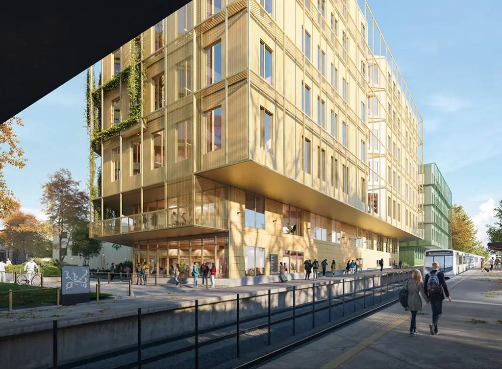 Hjørnet av den videregående skolen langs trikketraseen.